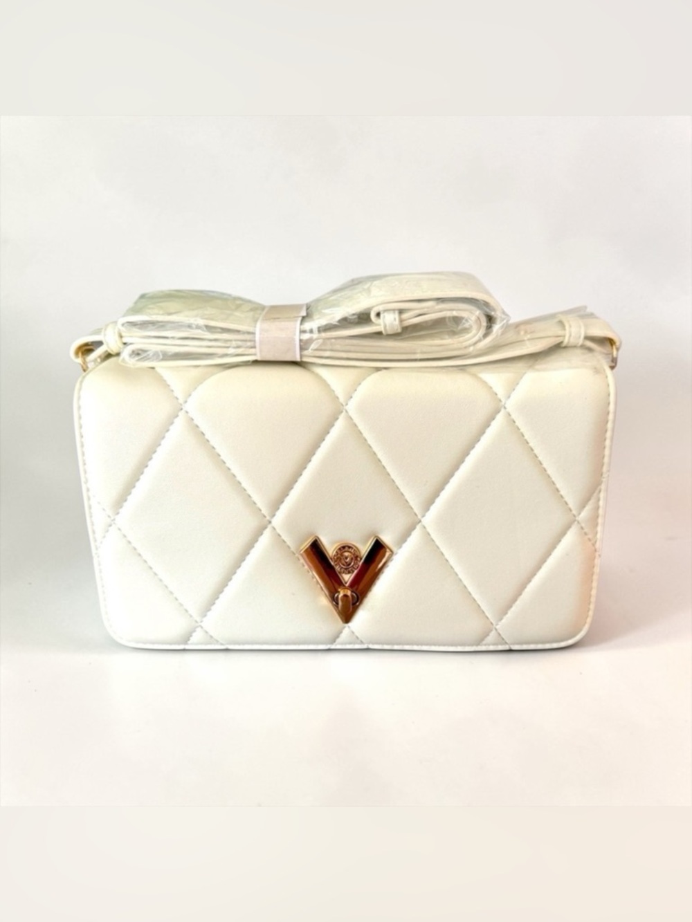 Valentino Orlandi White Quilted Crossbody Bag with Gold V Logo